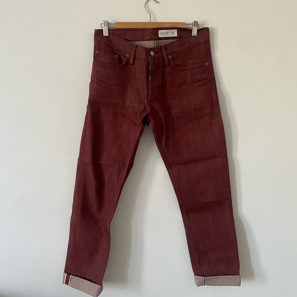 Gustin Slim Raw Selvedge Jeans - Oxblood 31 Like New - Picture 2 of 5